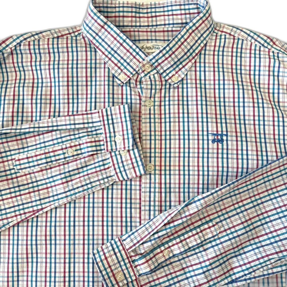 Bald Head Blues Mens Sz XL Button Down Shirt Blue Pink Micro Plaid Preppy EUC